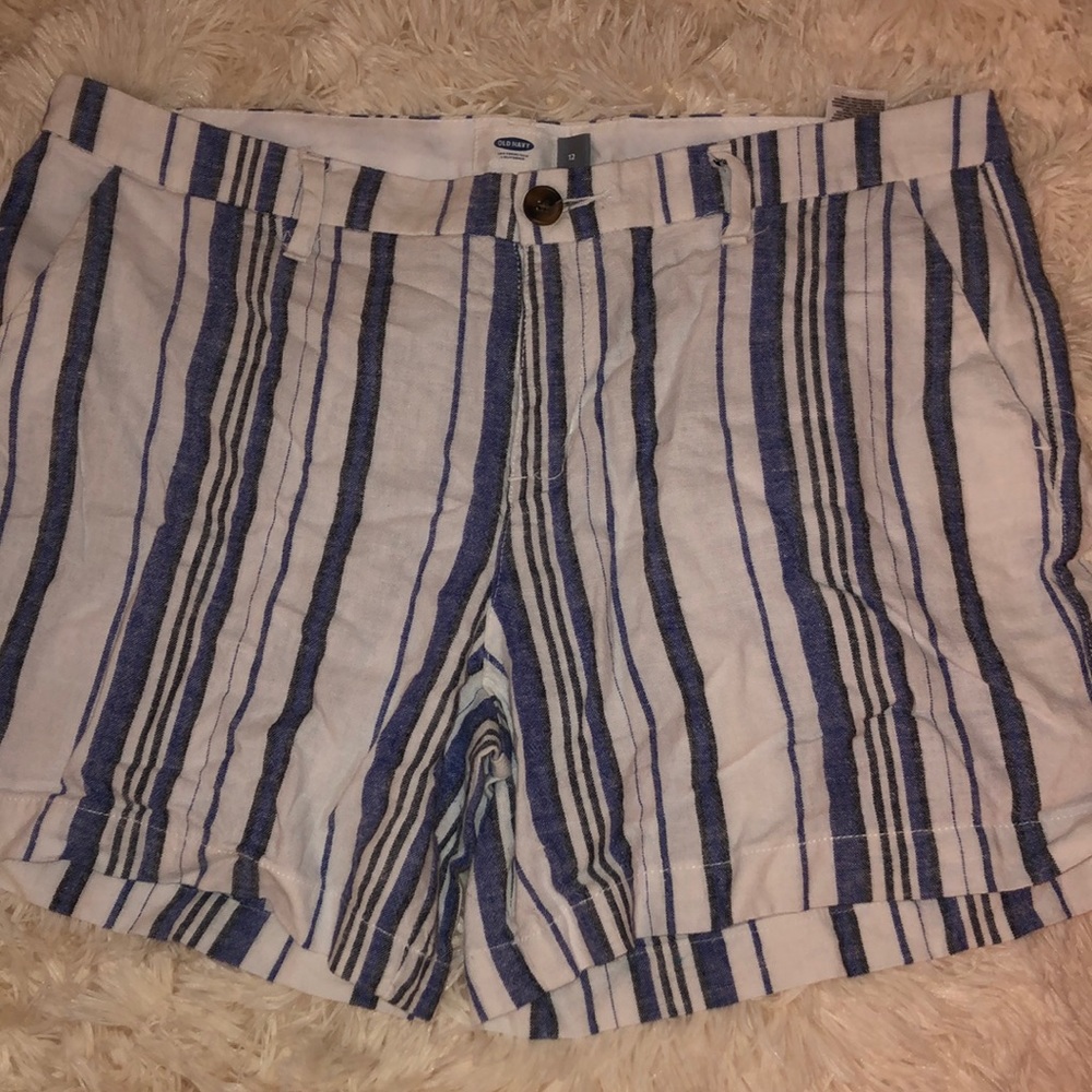 Old Navy white with blue and black stripes.